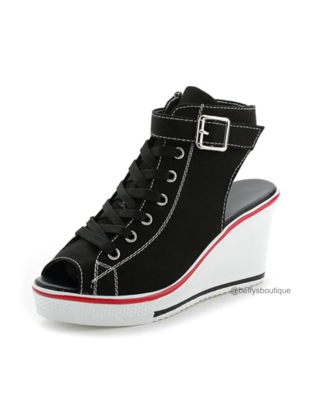 Women's Peep Toe Wedge Sneakers Platform Canvas Lace Up Side Zipper Casual